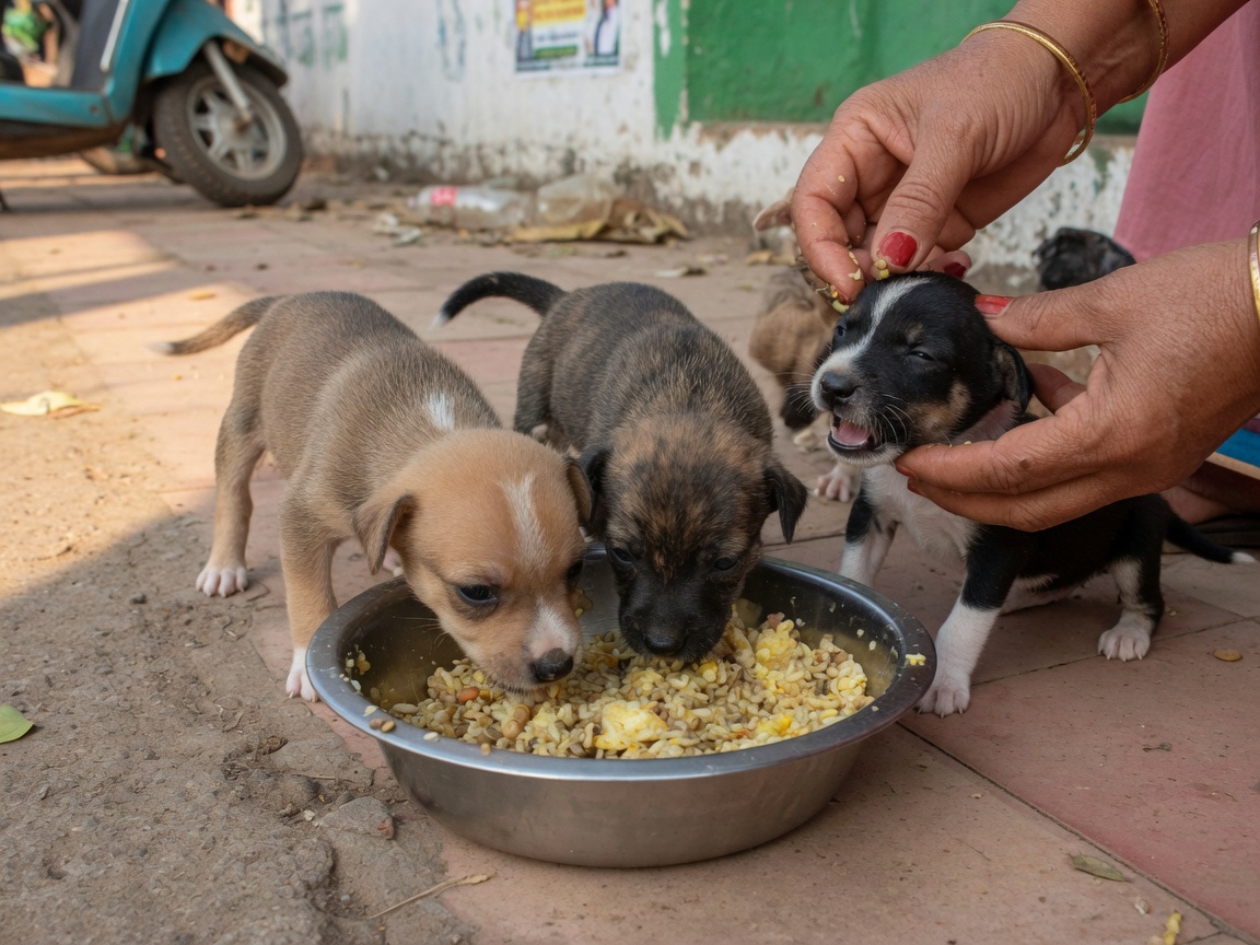 Street puppies being gently fed in Goa