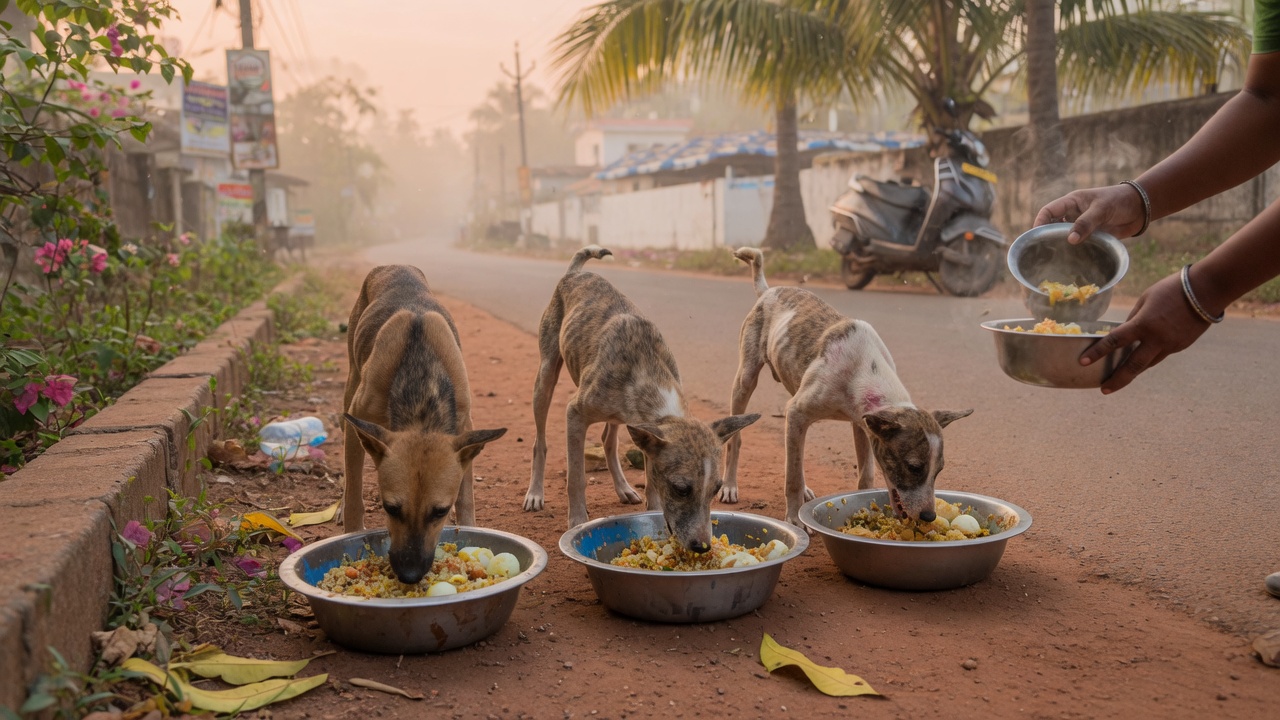 Street dogs being fed on a feeding round in Goa