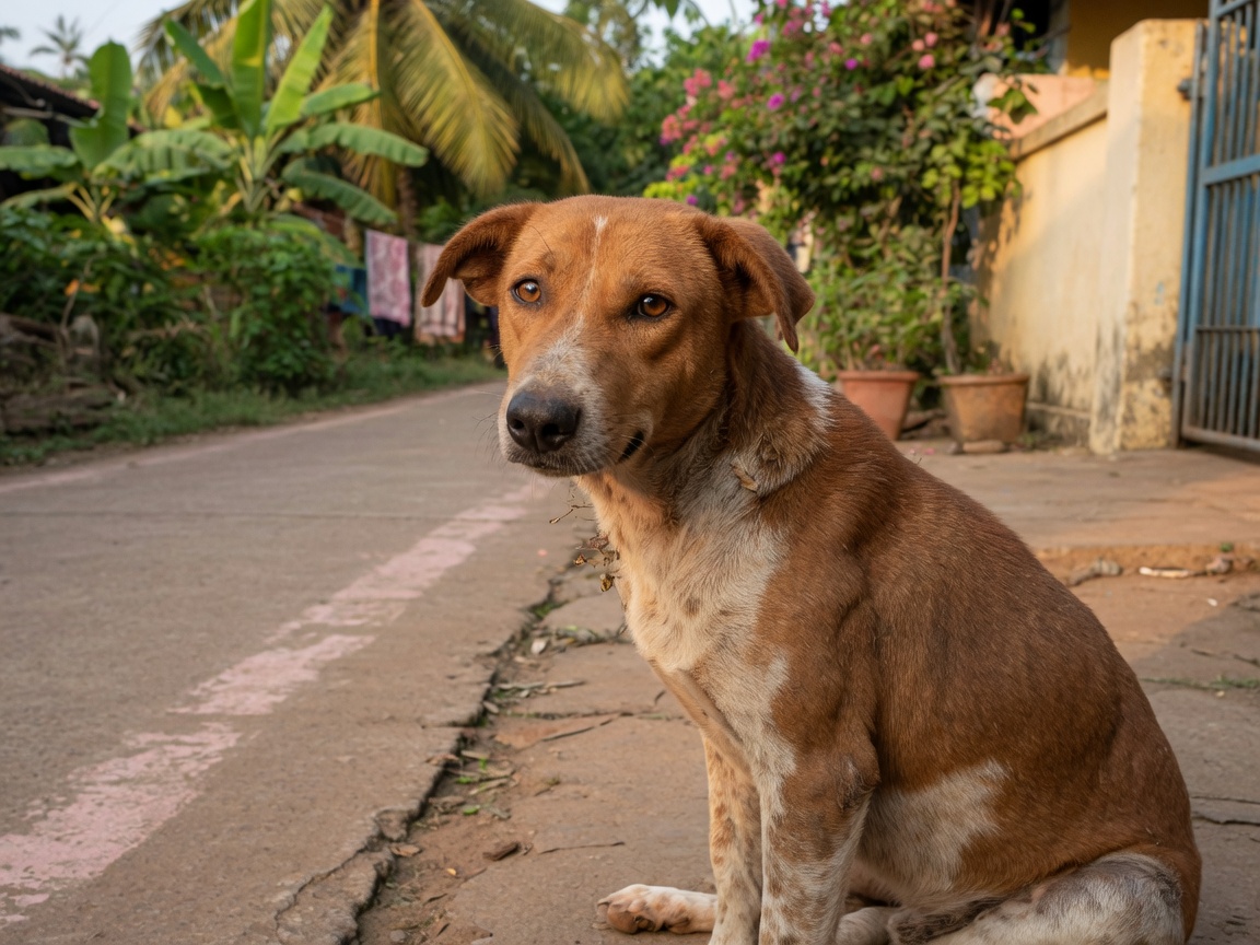 A street dog in Goa looking gently toward the camera